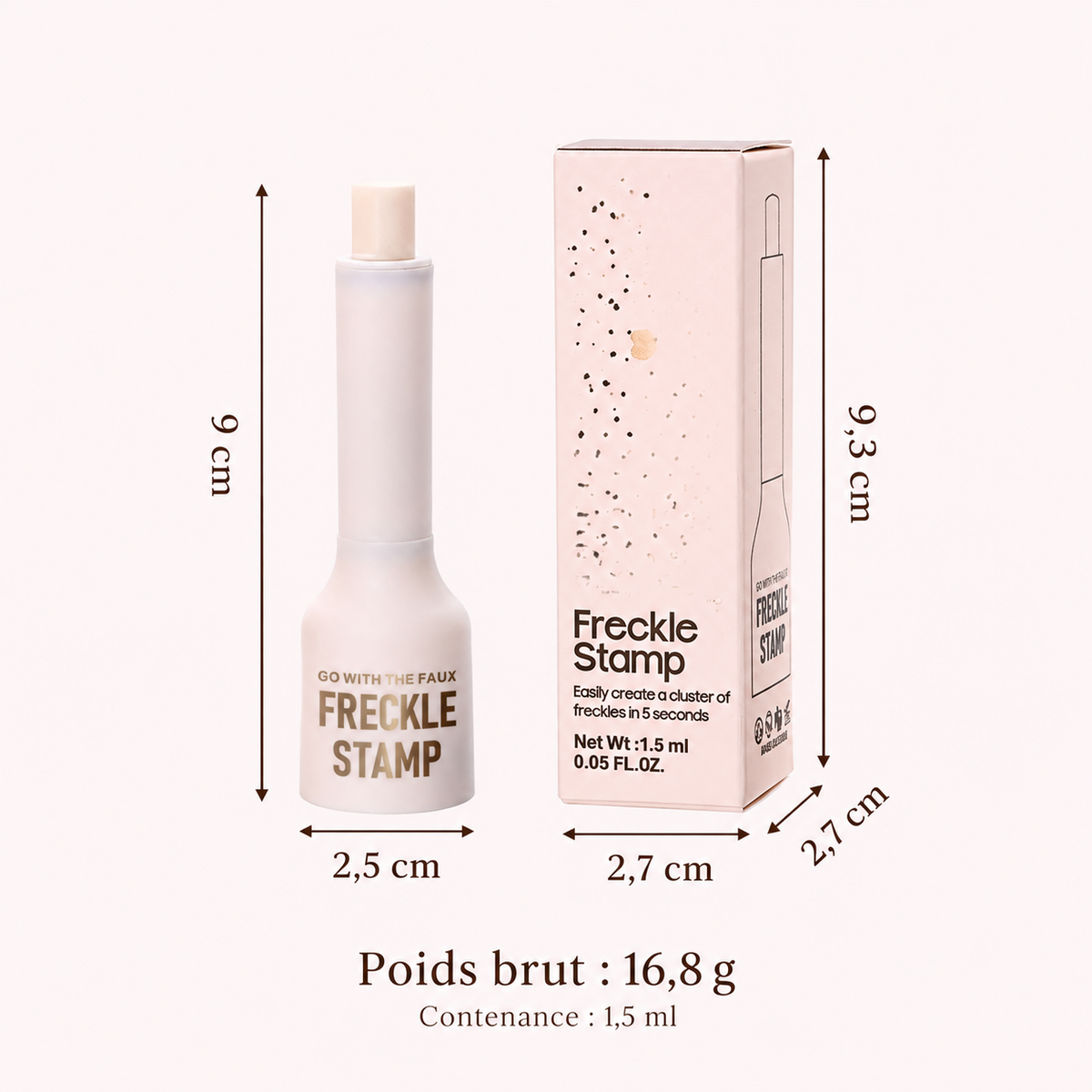 Dimensions du stylo et de sa boîte — contenance 1,5 ml